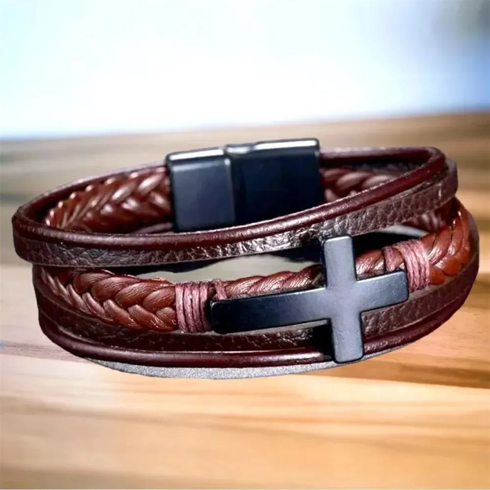 Men’s 5-strand l Leather Cross l Bracelet l Magnetic Closure l Brown/Black l New